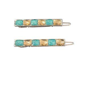 Vintage Goody Silver Teal Glitter Geometric design  Hair Barrettes